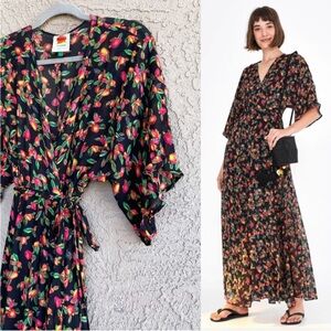 FARM RIO ANTHROPOLOGIE Black Peach Fruit Printed Mini Cashew Maxi Wrap Dress xs